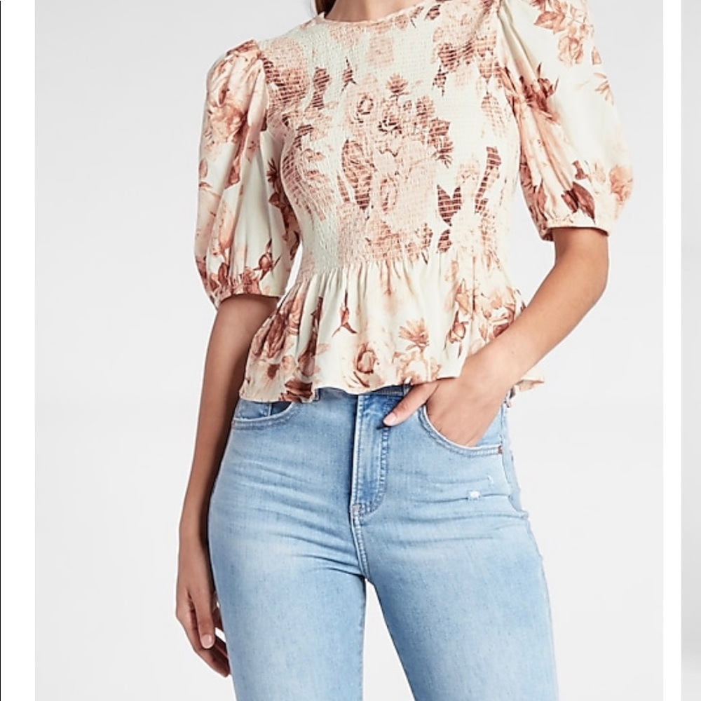 Pink Floral Smocked Puff Sleeve 
Peplum Top